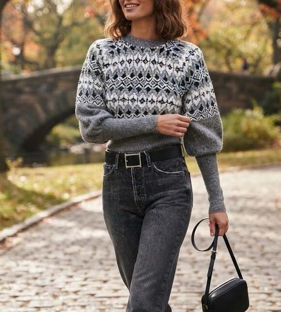 L’Academie Sweaters - Revolve L'Academie Sz S Niara Gray Bishop Sleeve Wool Blend Fair Isle Sweater